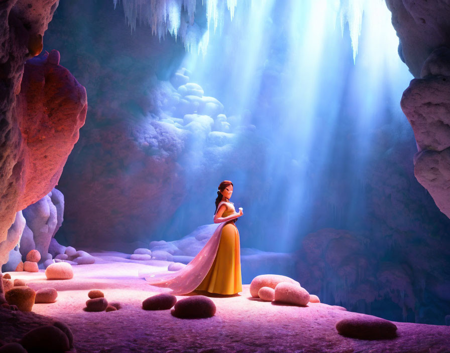 Animated woman in long dress in mystical cave with soft blue light.