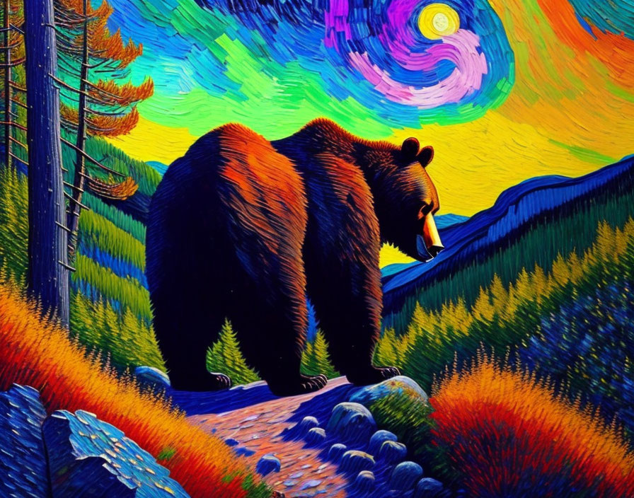 Colorful Bear Painting in Van Gogh-inspired Landscape