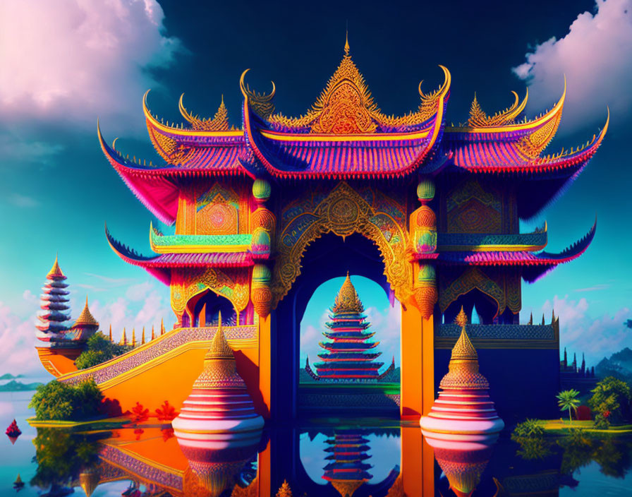 Colorful temple with golden roofs reflected in water under blue sky