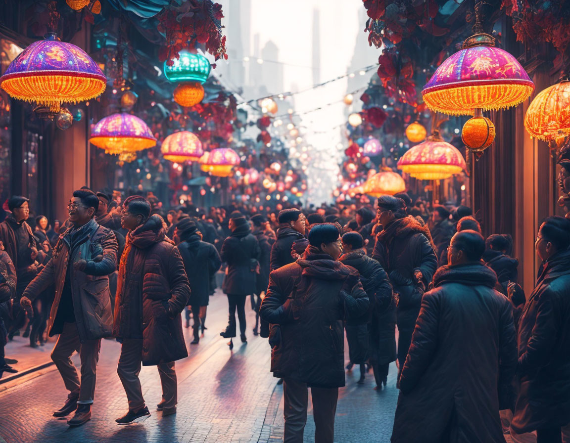 Winter Street Scene: People in Winter Clothing under Chinese Lanterns