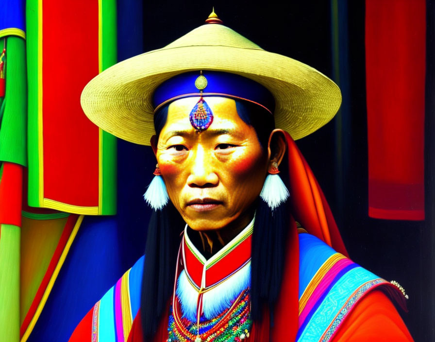 Traditional Conical Hat and Colorful Ethnic Attire Portrait
