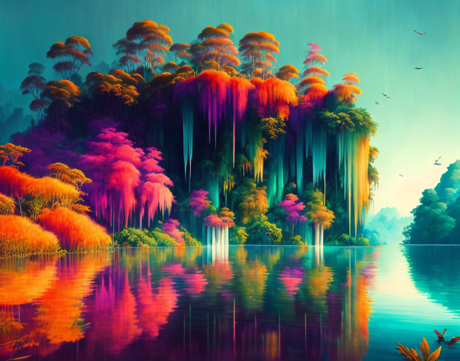 Tranquil Landscape: Colorful Trees, Reflective Water, Birds, Foggy Atmosphere
