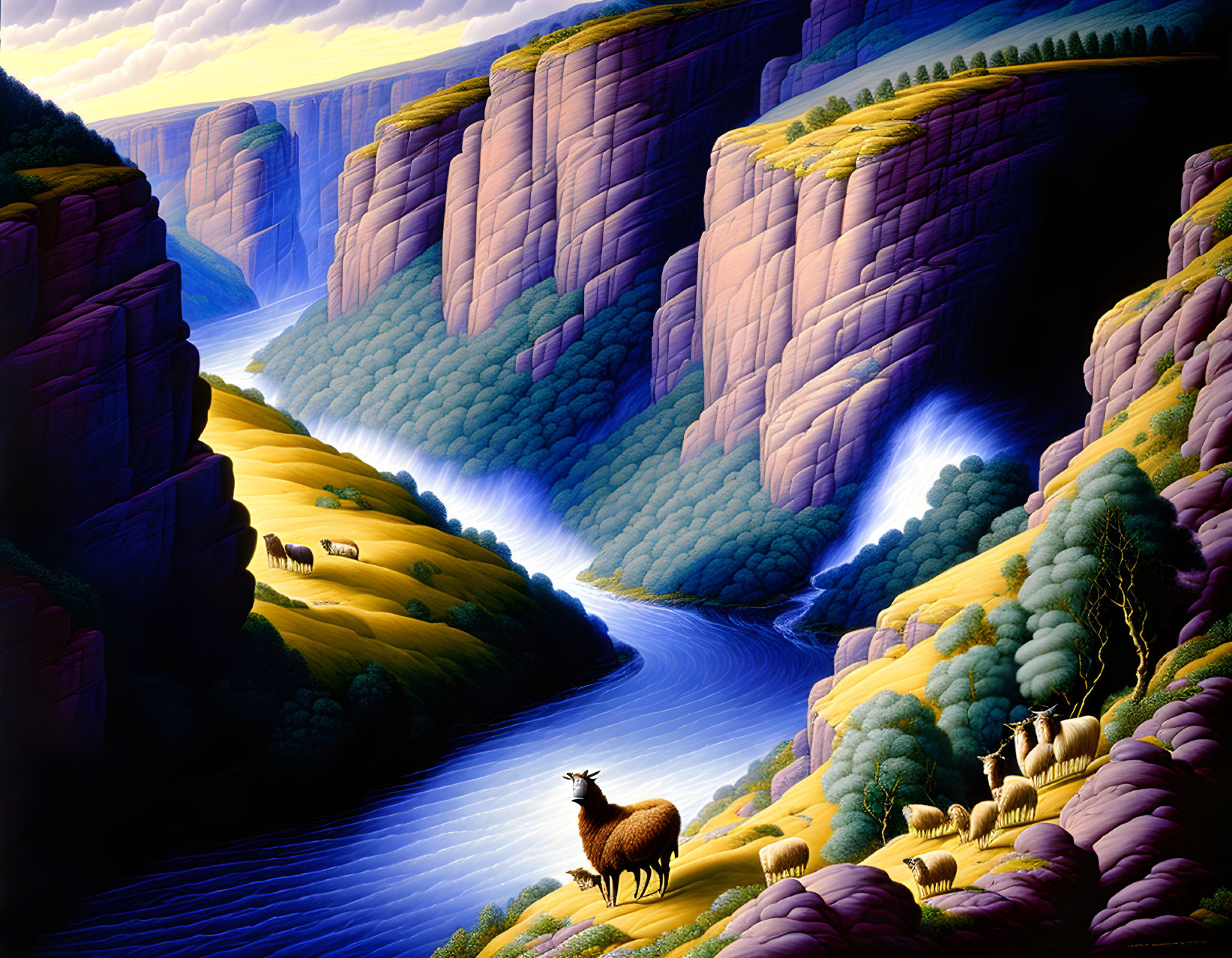 Fantastical landscape with river, cliffs, trees, and llama
