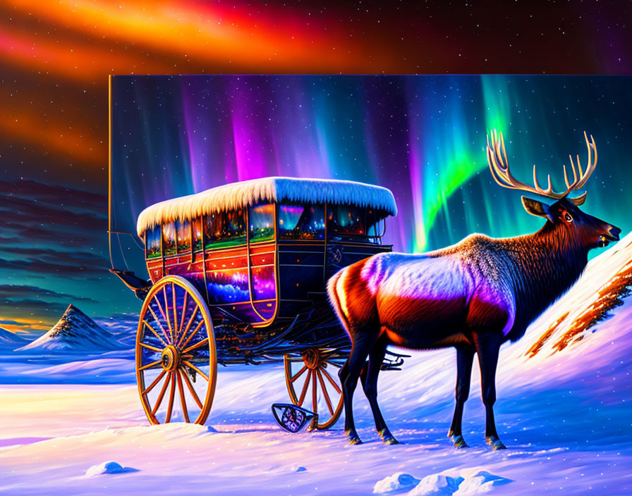 Illustration of reindeer and carriage under Northern Lights
