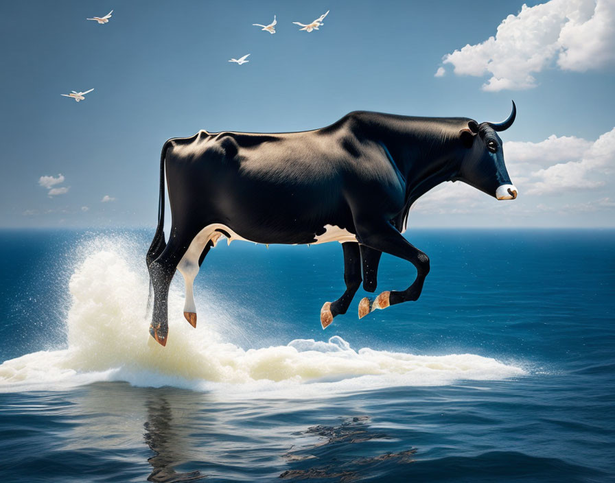 Cow flying over the sea