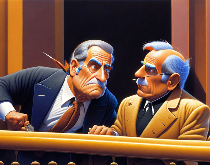 Stylized animated men in navy and beige suits leaning over railing