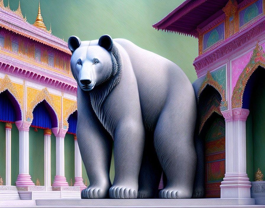 Stylized bear statue in front of ornate, colorful temple structures