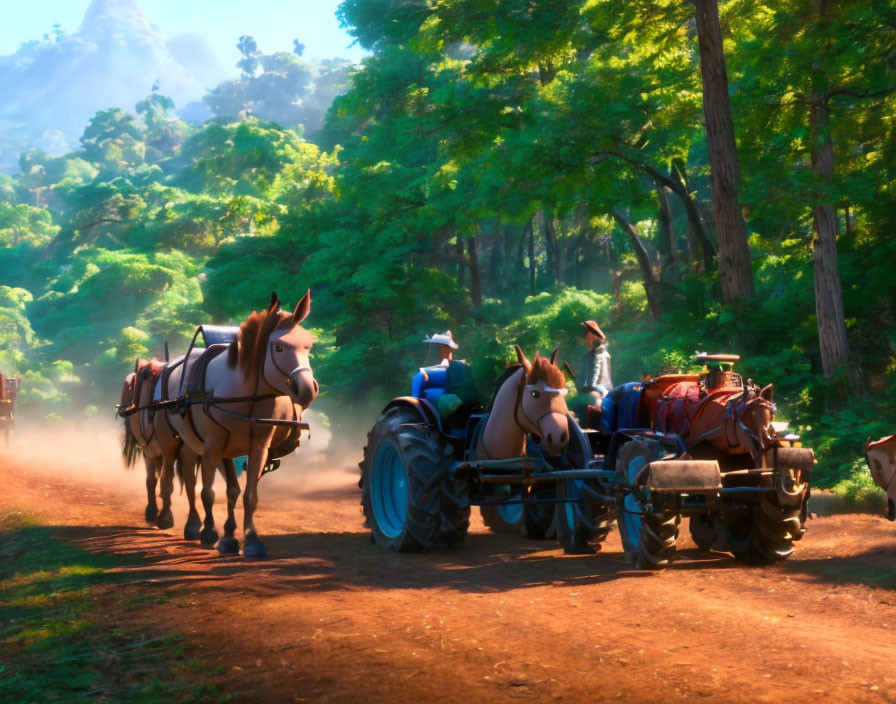 Two horses pulling a wooden cart with a person driving through a sunlit forest trail