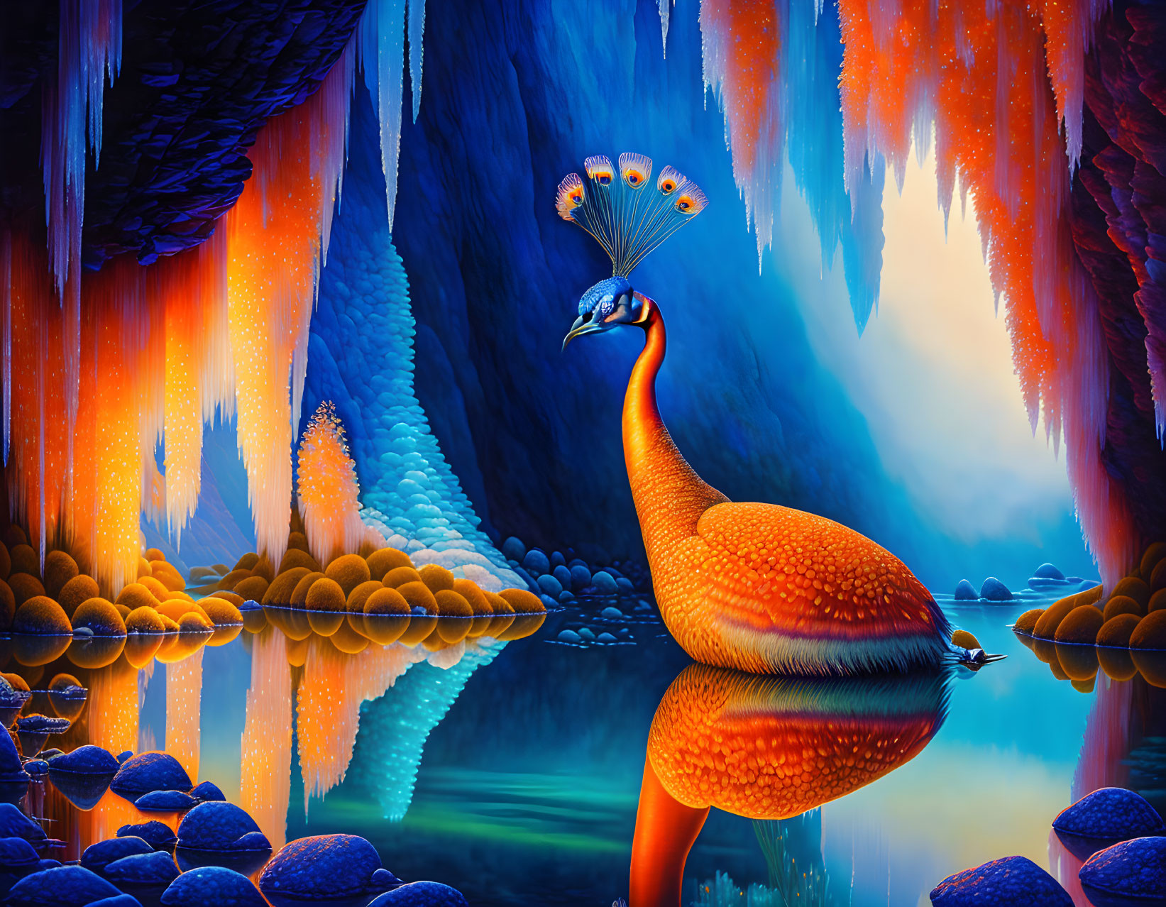 Colorful Peacock Art in Blue and Orange Cave Landscape
