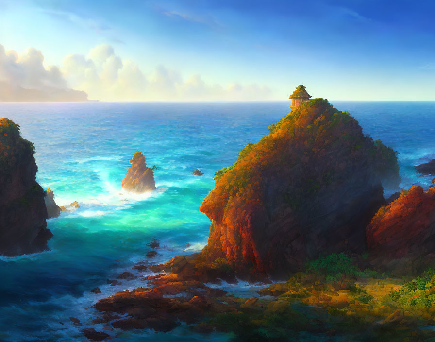 Tranquil seascape with small pagoda on lush, rocky island in warm sunlight