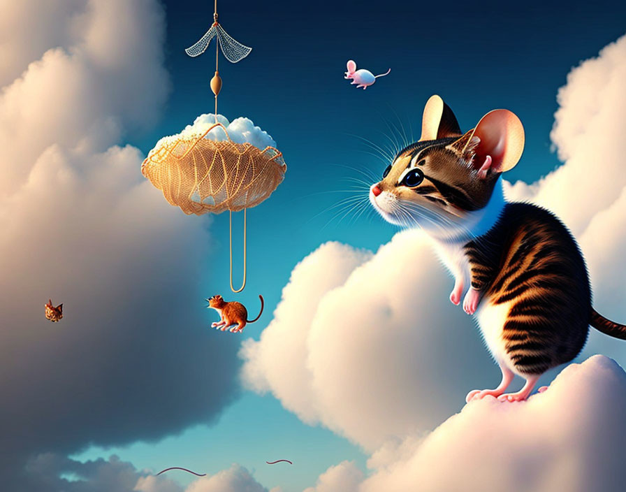 Mouse with tiger stripes on cloud gazes at flying umbrella crib with mini version inside