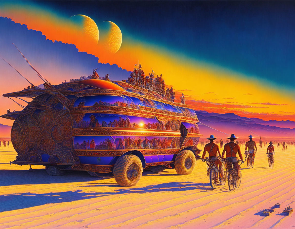 Surrealist desert landscape with ornate vehicle and dual moons