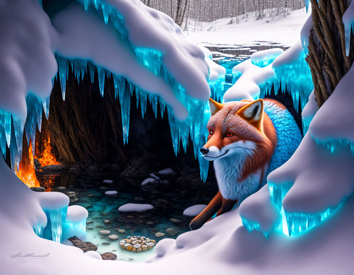 ginger fox near fire pit in a ice grotto of the no