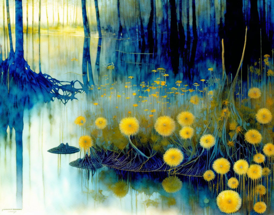 silent horror swamp island  with dandelions