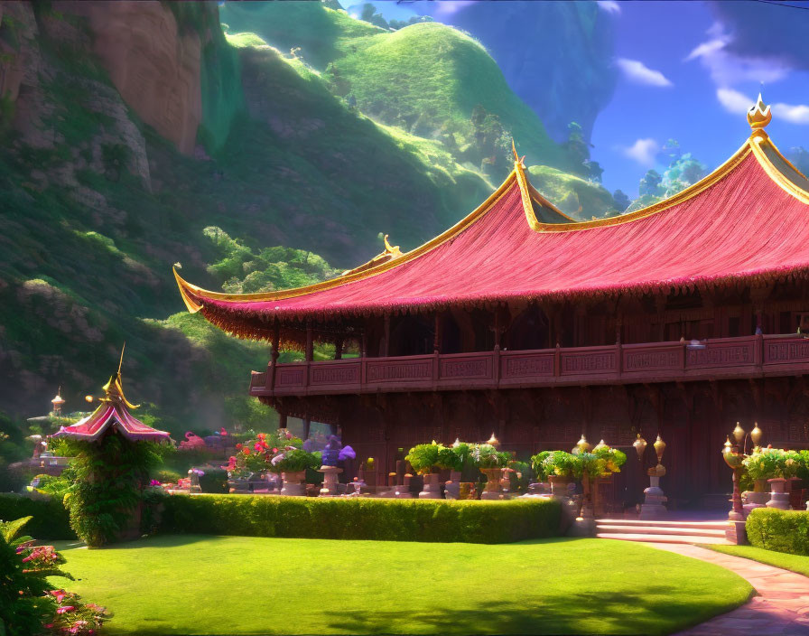 Traditional Asian-style palace nestled in lush green mountains with curved roofs and gold finials.