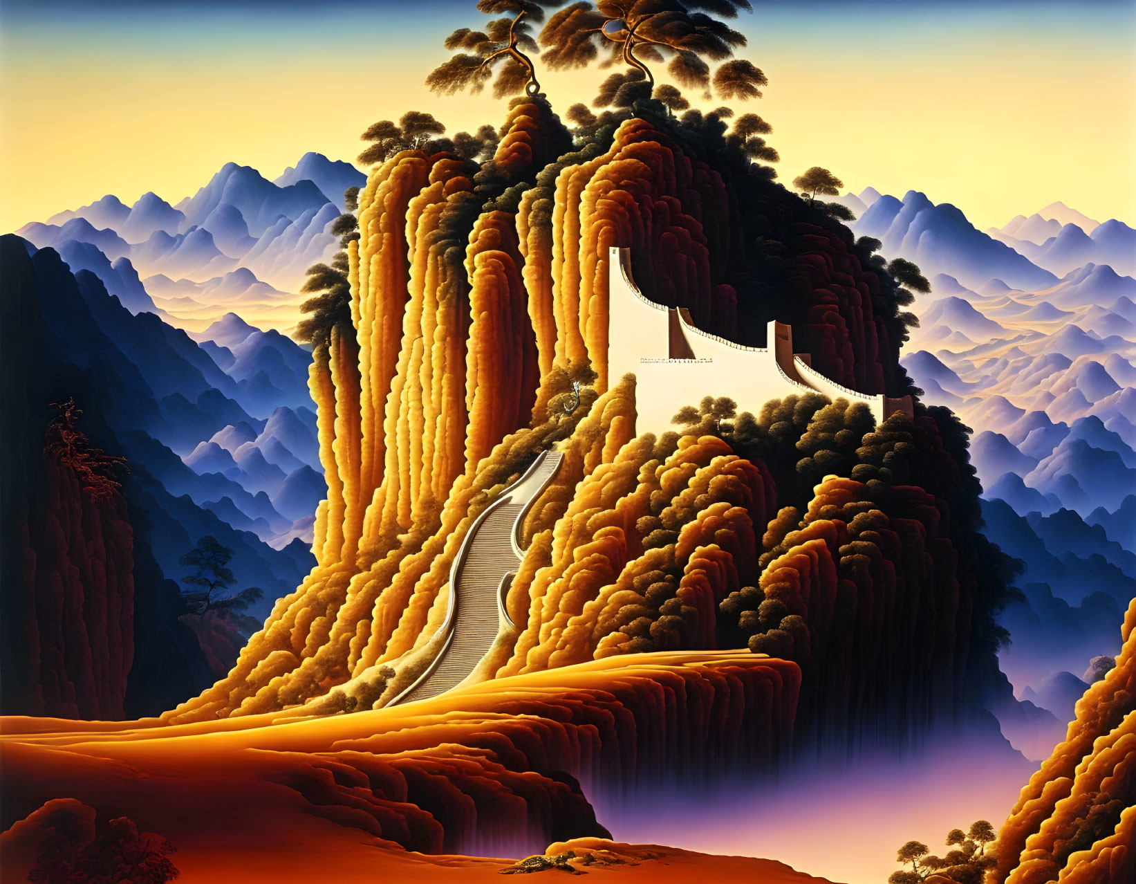 Autumn mountain painting with white pathway and traditional building.