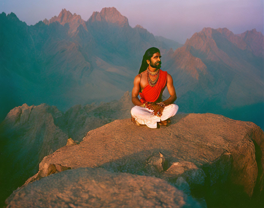Man in traditional attire meditating on mountain at dusk