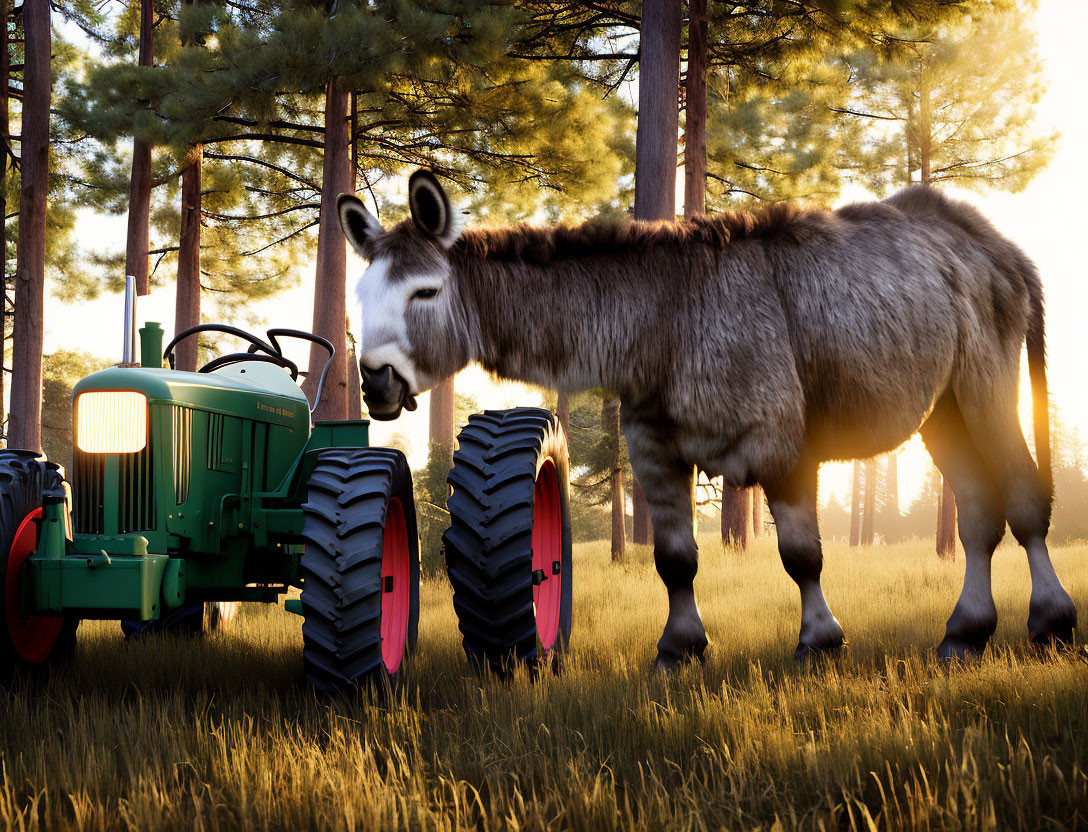 Donkey next to green tractor in forest clearing