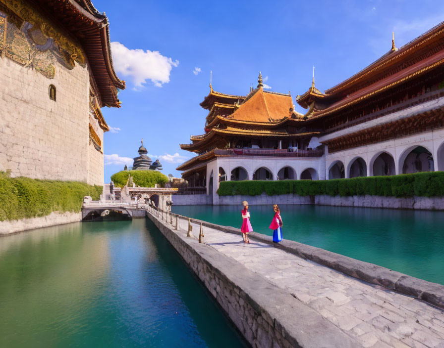 Traditional Chinese architecture by tranquil moat with two people walking on narrow path