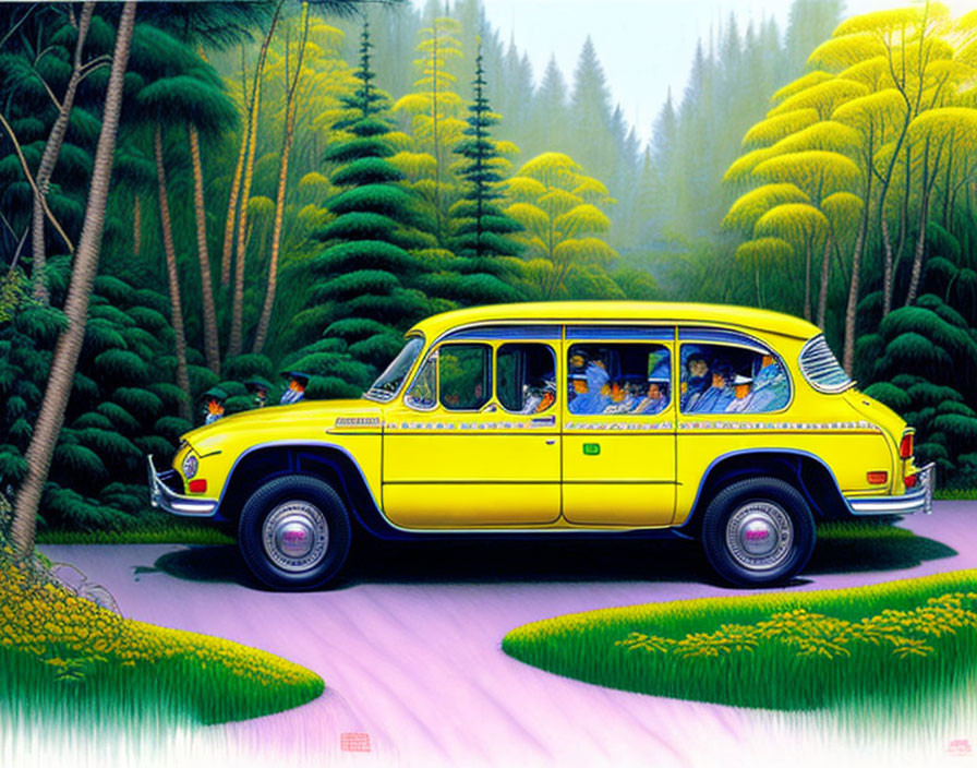 Yellow Classic Car with Passengers in Forest Setting