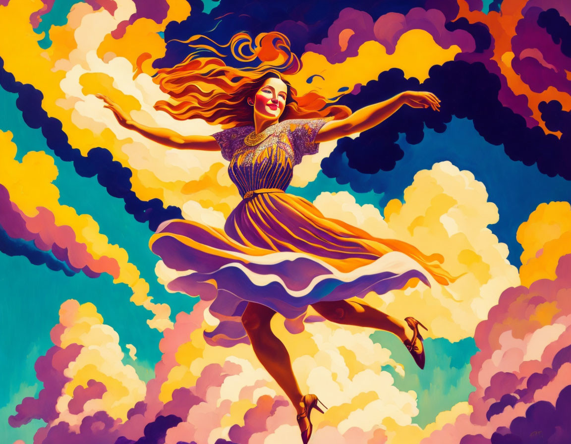 A lady flies over yellow clouds