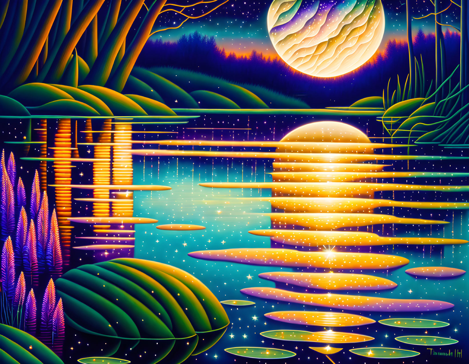 Fantastical nightscape digital art with moon, water, lilypads, and colorful vegetation