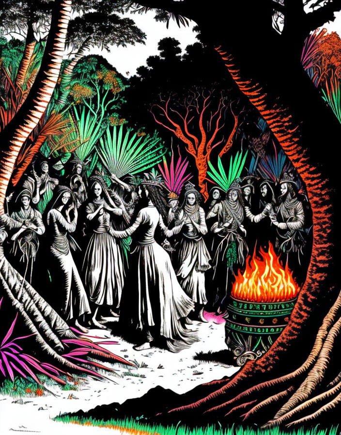  Cannibal tribe dancing around fire pit in jungles
