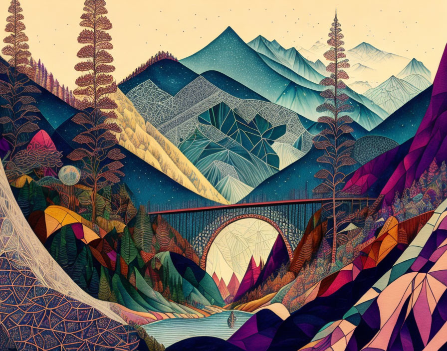  Mountains and bridge in the hyperboloid world