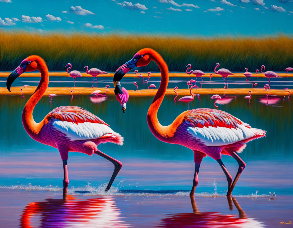 Vibrant flamingos in shallow water with grass and blue sky