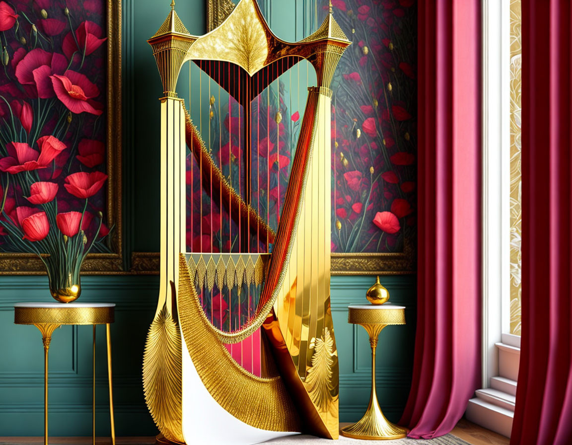 Harp in a red room