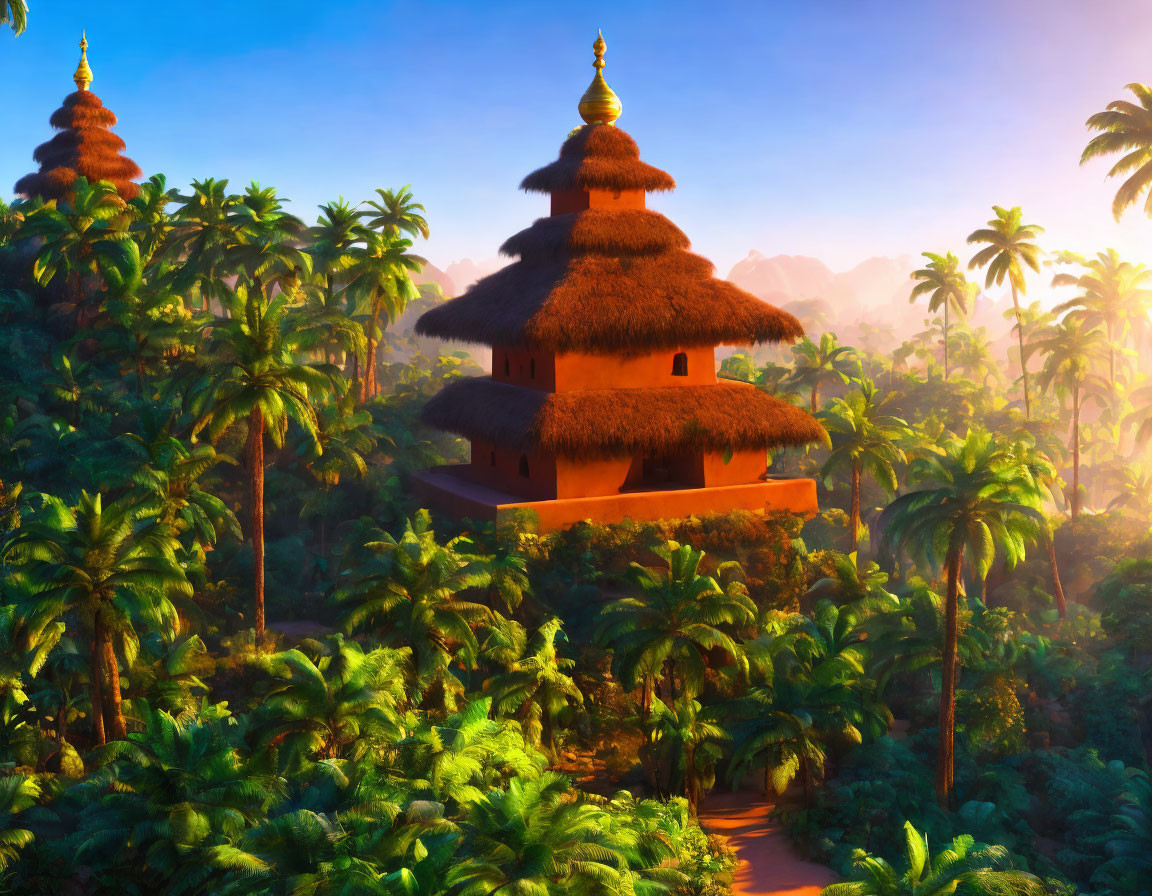 Tranquil tropical landscape with pagoda and palm trees at sunrise