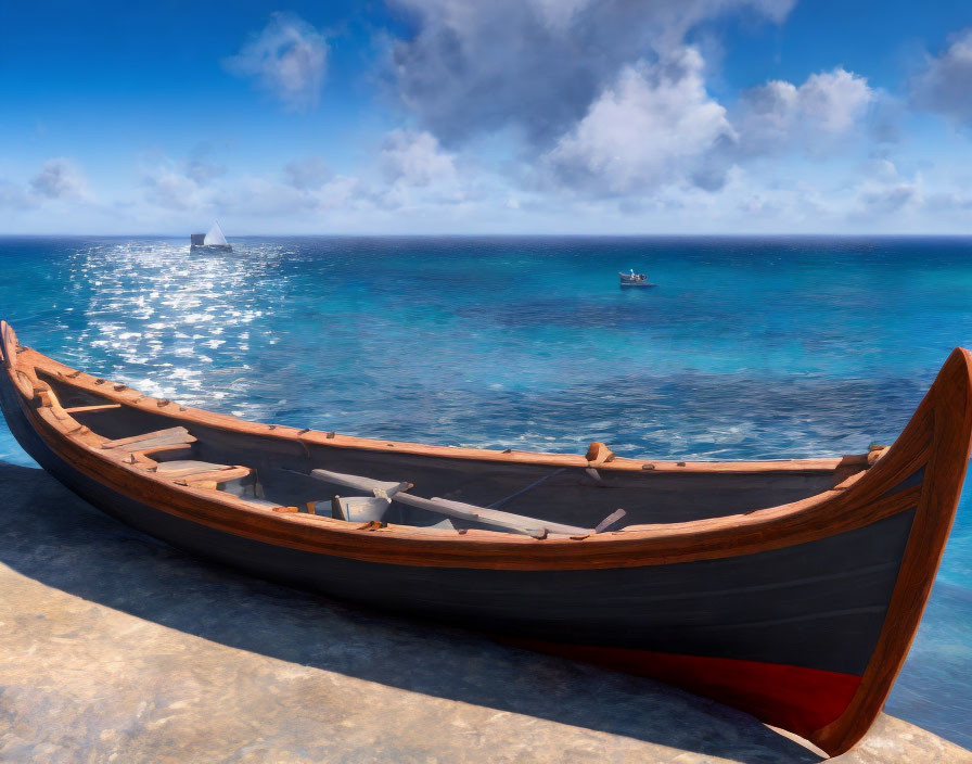 Traditional wooden boat on serene beach with calm blue waters and distant sailboats