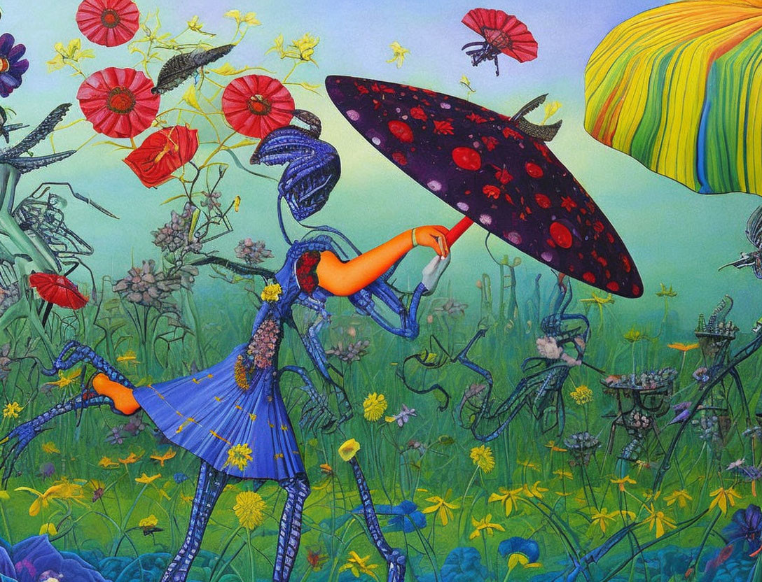 alien woman with an umbrella picking flowers