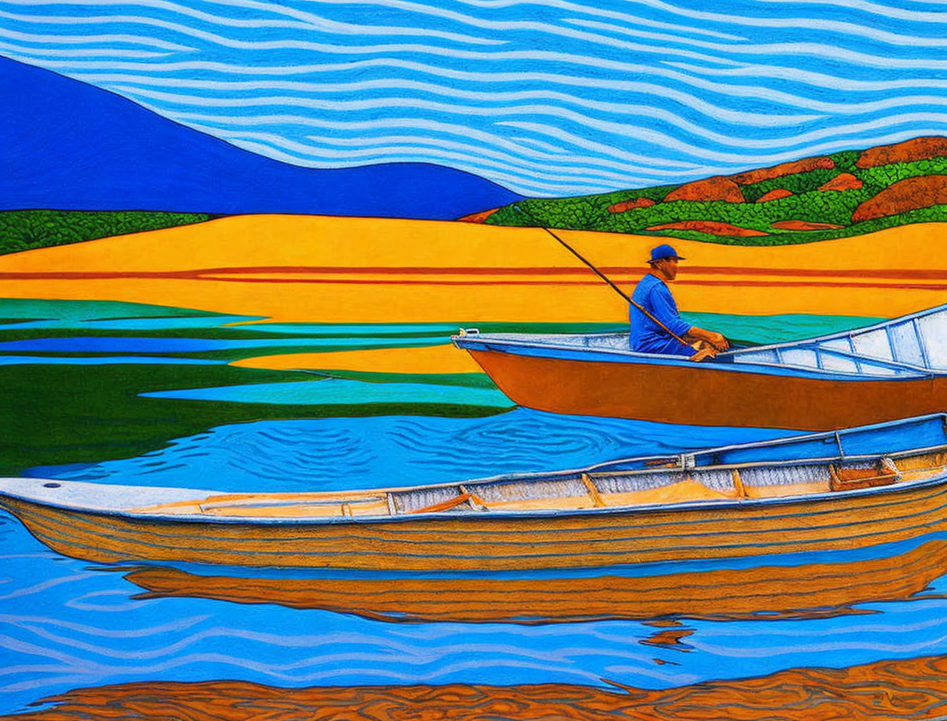 Colorful painting of person rowing boat on calm water with hills and blue sky
