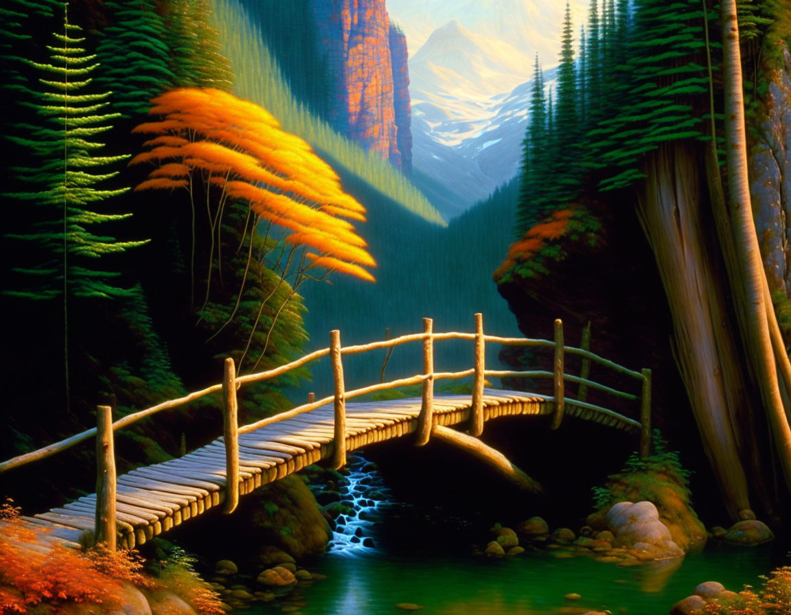 Tranquil landscape: wooden bridge over stream, lush trees, mystical glow, mountains.