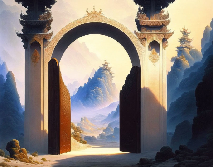 Fantasy landscape with mountains, pagodas, and warm light