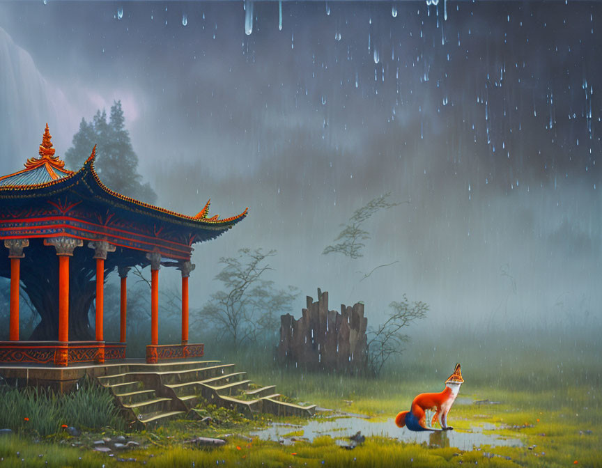 , Abandoned temple of a lonely fox