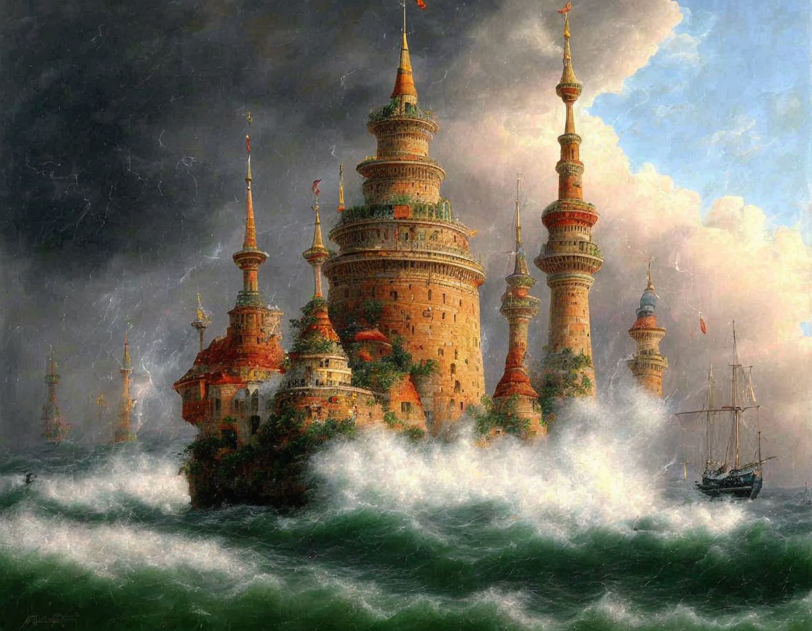 Majestic Oriental castle with spires against stormy sea and sky
