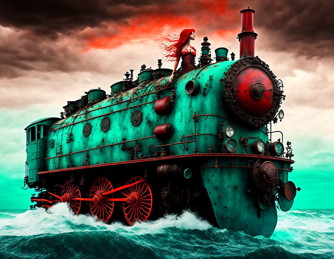 Vintage steam locomotive chugging through stormy sea waves with red wheels and woman's flowing red hair