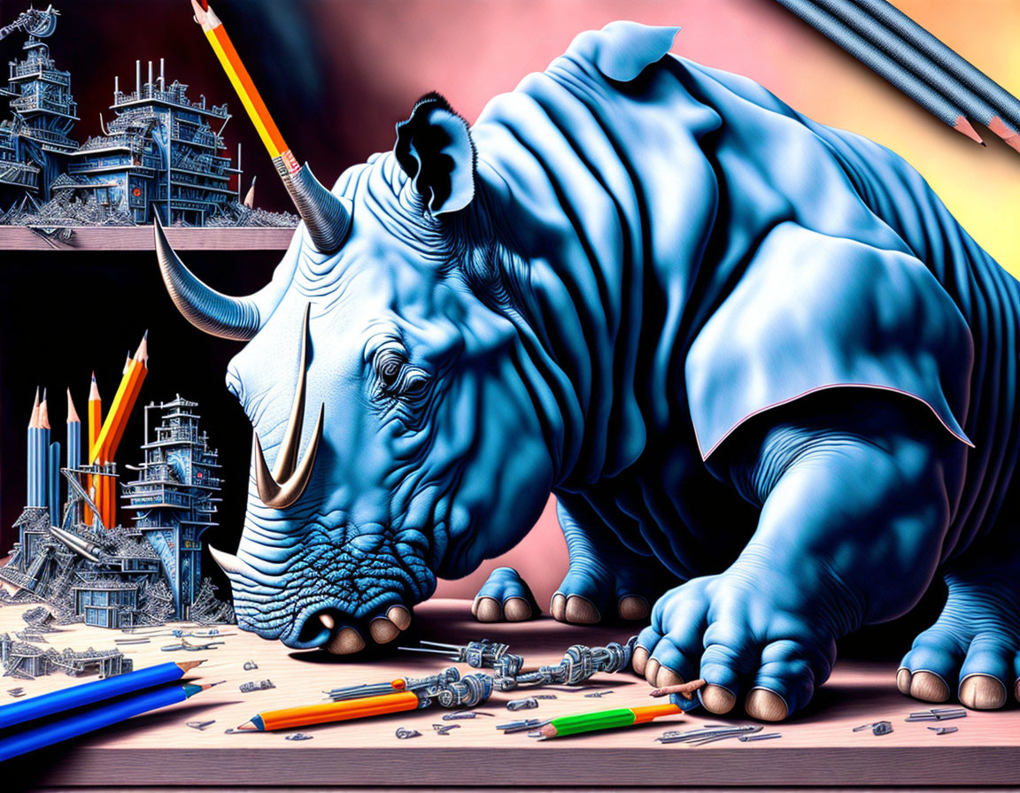 Surreal blue rhino art with construction sites and drafting tools