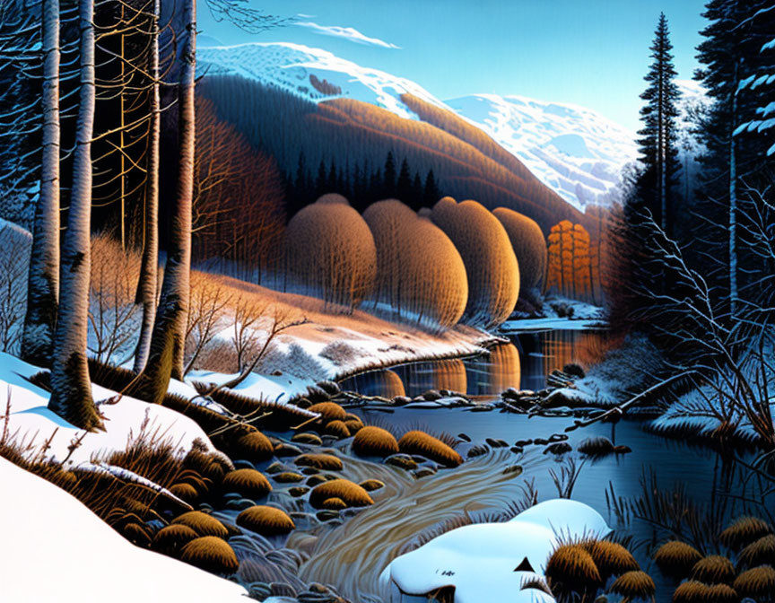 Snowy river landscape with trees and mountains at sunset