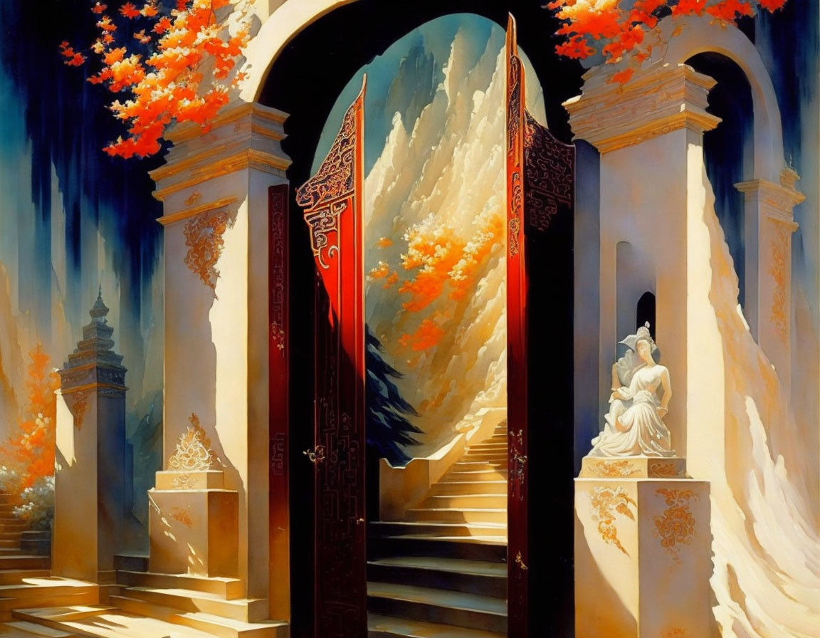 Colorful surreal painting with architecture, red foliage, woman statue, and floating rock.