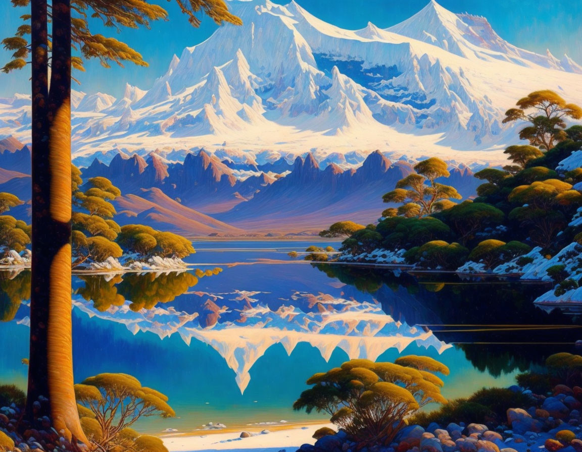 Snow-capped mountains reflected in calm lake with trees and rocks in foreground