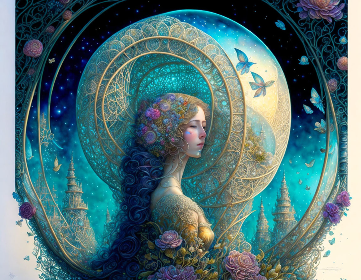 Woman's profile in ornate golden circle with fantasy elements