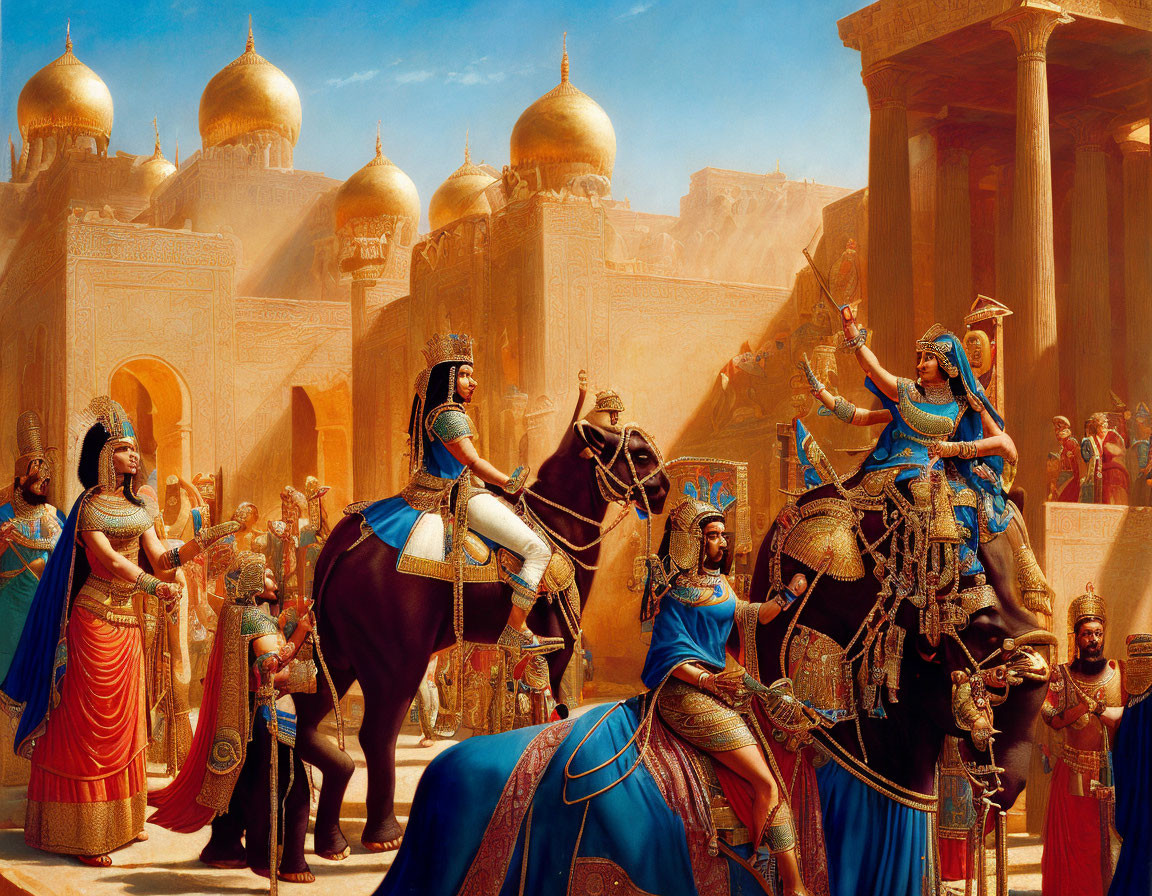 Egyptian queen riding elephant enters to Babylon