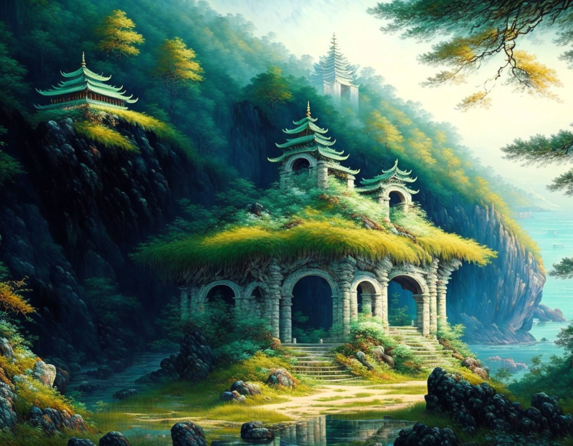 Ancient Asian-style pagodas in lush green forest by serene water