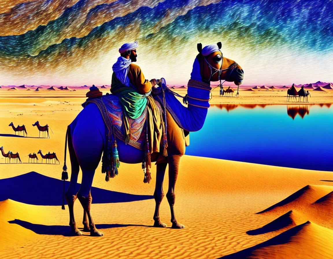 Digital art: Person in traditional attire on camel in desert landscape with starry sky, more camels