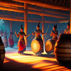 Traditional Dancers in Ornate Costumes Performing with Drums in Warm Ambient Lighting