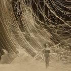 Sepia-toned ballet dancer mid-pose with dynamic light streaks.