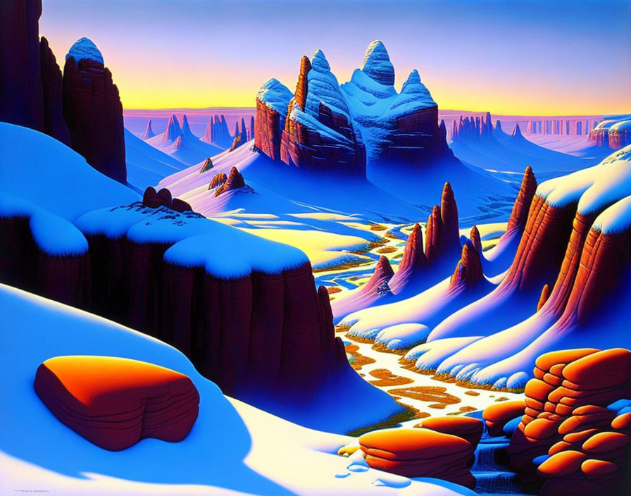 Vibrant blue snow-covered mountains and orange rock formations in warm-hued sky